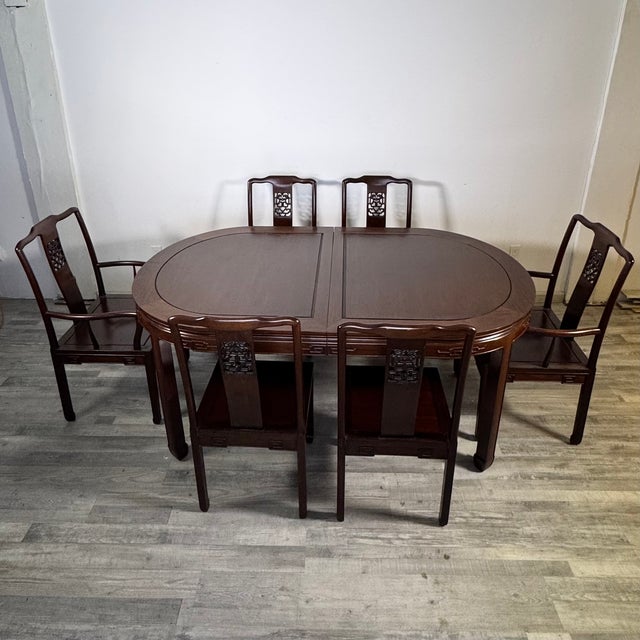 Wood Vintage Asian Rosewood Carved Longevity Extending Dining Table & 10 Chairs For Sale - Image 7 of 13