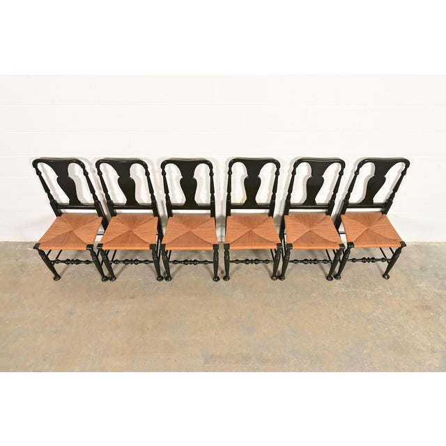 Late 20th Century Eldred Wheeler Early American Green Lacquered Rush Seat Dining Chairs, Set of Six For Sale - Image 5 of 11