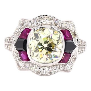 Art Deco 2.47 Carat Old European Cut Diamond Onyx Ruby Gold Ring, Size 6.5 For Sale