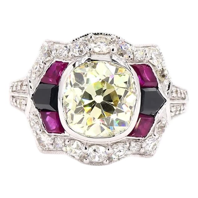 Art Deco 2.47 Carat Old European Cut Diamond Onyx Ruby Gold Ring, Size 6.5 For Sale