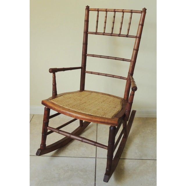Antique Early 20th Century Rj Horner Faux Bamboo Wood Wicker Seat Child's Rocking Chair For Sale In West Palm - Image 6 of 11