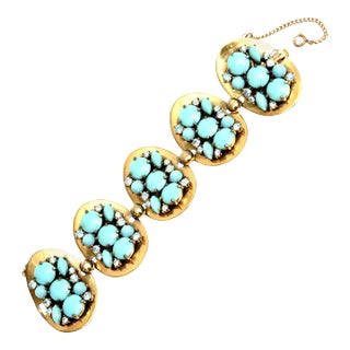 Vintage Elsa Schiaparelli Faux Turquoise, Gold Metal and Rhinestone Cluster Bracelet, 1950's For Sale