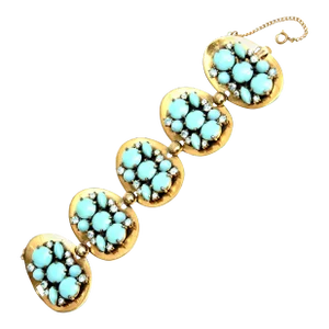 Vintage Elsa Schiaparelli Faux Turquoise, Gold Metal and Rhinestone Cluster Bracelet