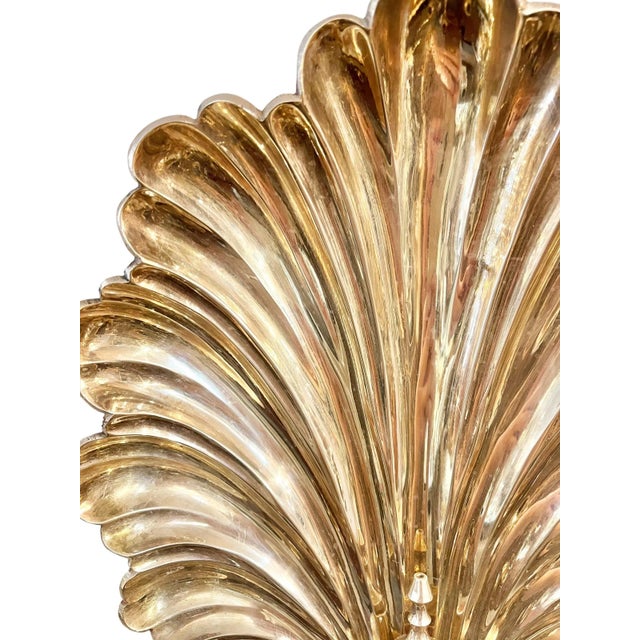 William Kent Pair Vintage Hollywood Regency Large Size Grotto Style Brass Shell Three Light Wall Sconces For Sale - Image 4 of 11