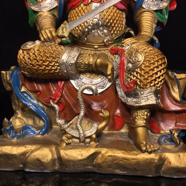 Antique Chinese Polychrome Gilt Bronze Daoist Deity Zhenwu (Xuanwu) Seated Statue For Sale In Los Angeles - Image 6 of 9