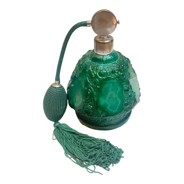 1930s Art Deco Malachite Glass Czechoslovakian Perfume Bottle For Sale