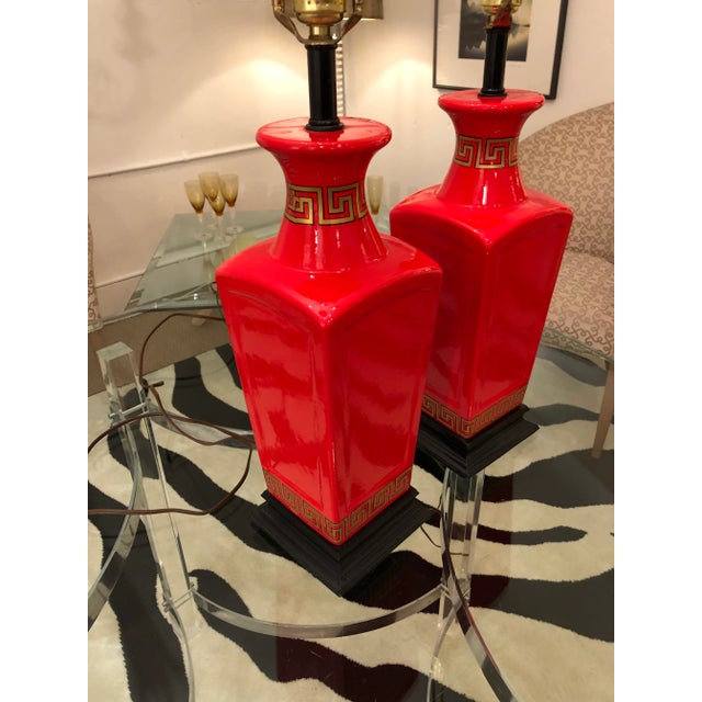 Hollywood Regency Hollywood Regency Pair Red Gold & Black Table Lamps With Greek Key -A Pair For Sale - Image 3 of 8
