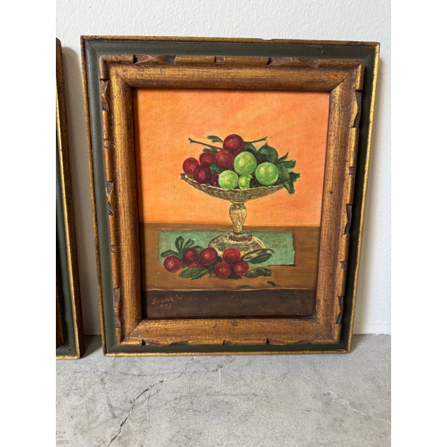 1970s 1973 Anne W. Still Life Fruit Bowl Oil on Canvas Paintings – A Pair For Sale - Image 5 of 9