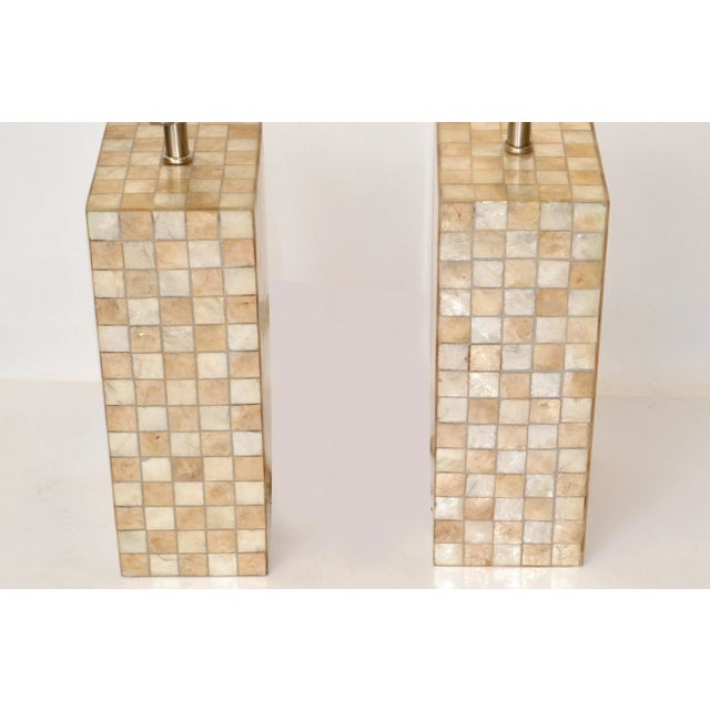 Pair, Mid-Century Modern Capiz Shell Over Wood Square Table Lamps For Sale - Image 4 of 13