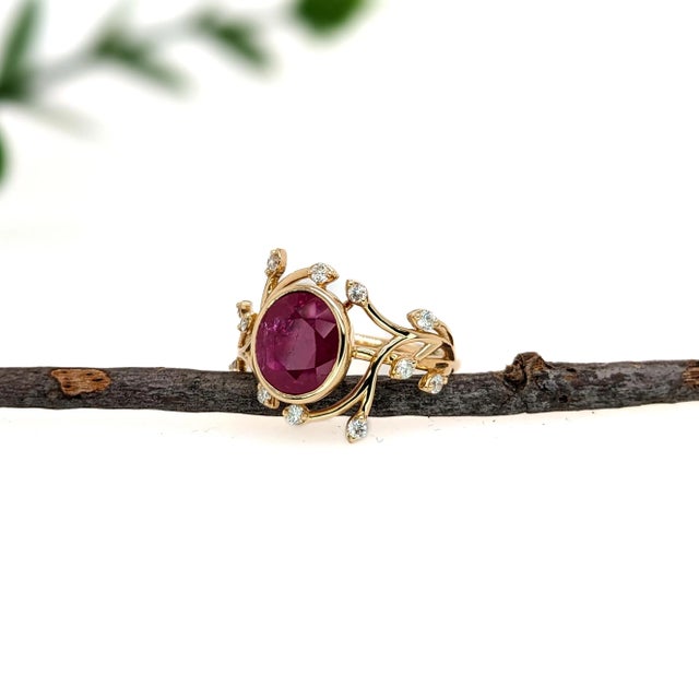2.5ct Burma Ruby Ring With Natural Diamond Accents in Solid 14k Yellow Gold Oval For Sale - Image 4 of 6