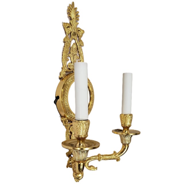 Gold Late 20th Century French Neoclassical Empire Style Gilt Bronze Two Light Wall Sconces W. Mirrors - a Pair For Sale - Image 8 of 17