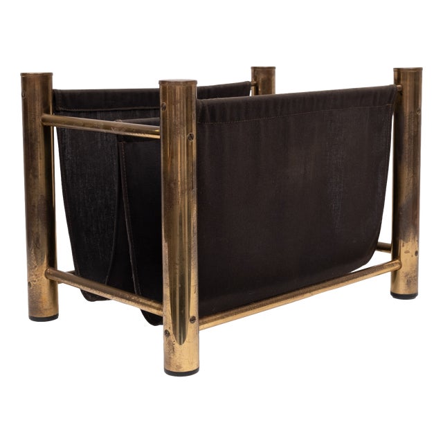 Vintage Brass and Canvas Magazine Holder, 1970s For Sale