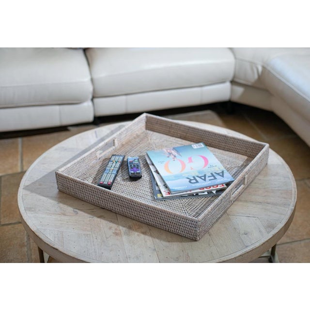 Wood Artifacts Rattan Square Ottoman Tray with Cutout Handles in White Wash - 20" For Sale - Image 7 of 9