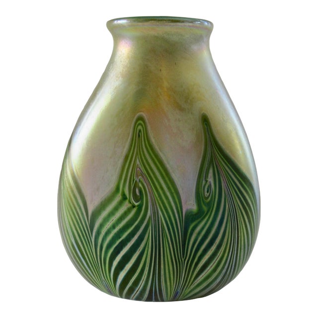 A Vintage Art Nouveaux-Style, Signed Iridescent Thick and Solid "Feather," Vessel/ Vase For Sale