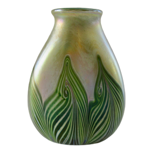 A Vintage Art Nouveaux-Style, Signed Iridescent Thick and Solid "Feather," Vessel/ Vase