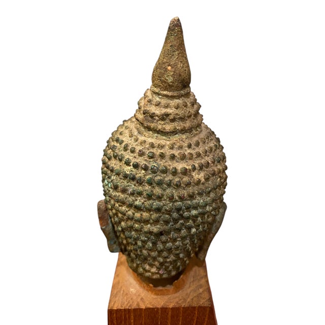 Antique Thai Bronze Buddha Head Statue Ayutthaya Rattanakosin Style on Stand 8" For Sale In San Francisco - Image 6 of 12