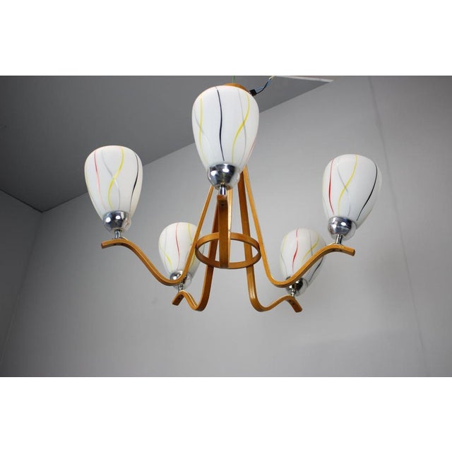 Mid-Century Wooden Chandelier with Glass Shades, Czechoslovakia, 1970s For Sale - Image 3 of 14