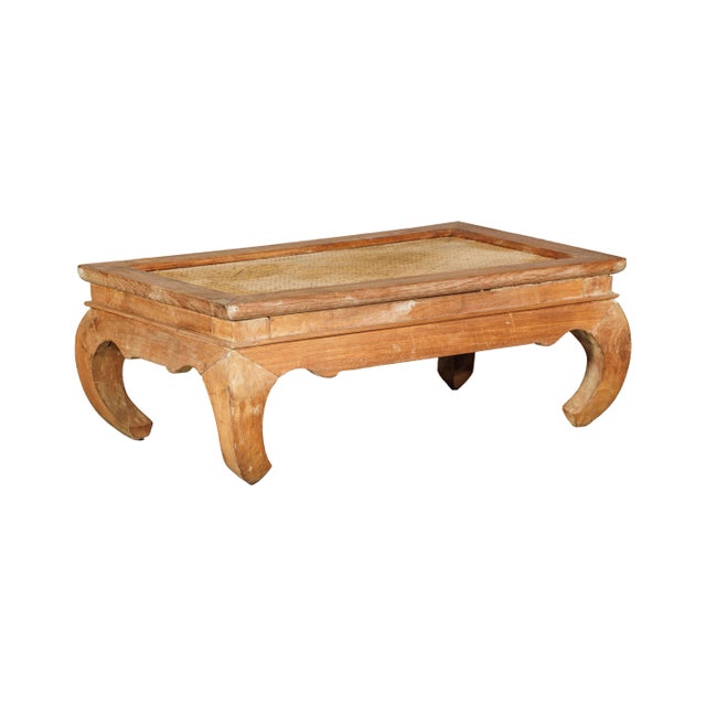 Country Style Low Wood Coffee Table with Woven Mat Top and Curved Legs For Sale - Image 4 of 12