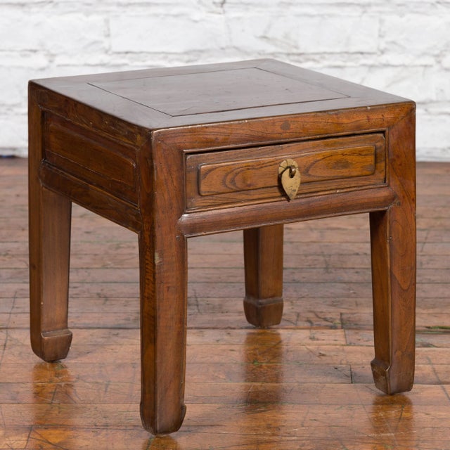 Wood Chinese Qing Dynasty 19th Century Elm Side Table with Single Drawer For Sale - Image 7 of 11