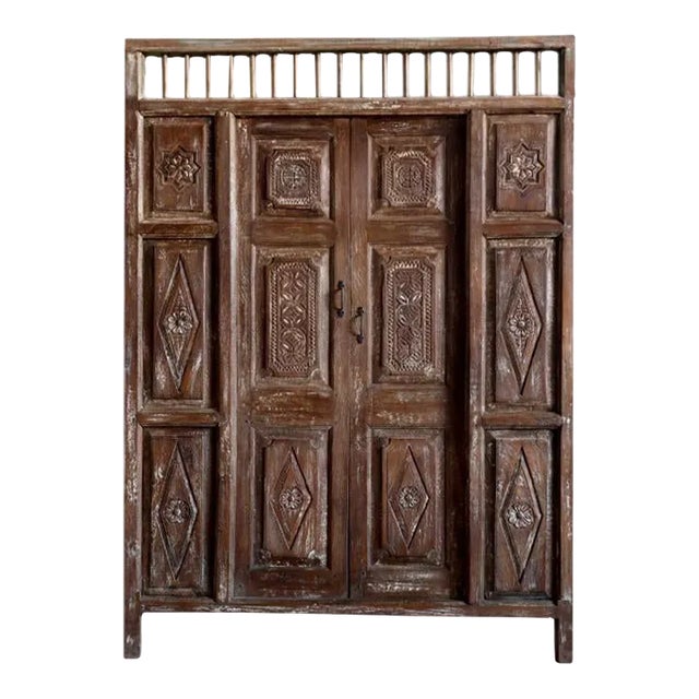 Antique 1920s Whitewash Carved Indian Teak Wood Door, 84x59 For Sale