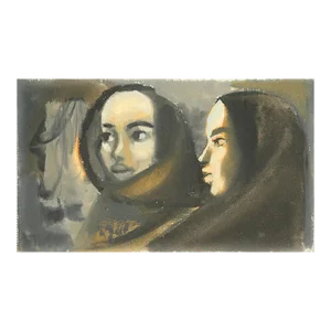 1940s Chiaroscuro Painting of Two Female Figures in Morocco by Andre Delfau