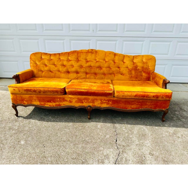 Vintage Mid-Century Tangerine Velvet Tufted Sofa and Chair - 1970s Glam For Sale - Image 4 of 12