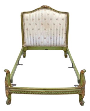 Antique French Louis XVI Style Green Painted Upholstered Twin Bed by Vanleigh