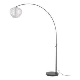 Float Arc Lamp, Black Nickel Steel, Mid Century Floor Lamp, Sphere White Satin Shade, Marble Base For Sale