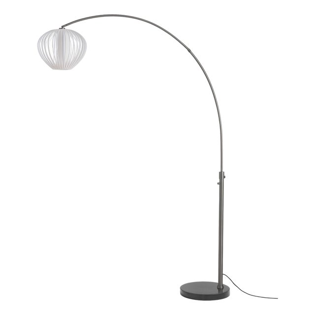 Float Arc Lamp, Black Nickel Steel, Mid Century Floor Lamp, Sphere White Satin Shade, Marble Base For Sale
