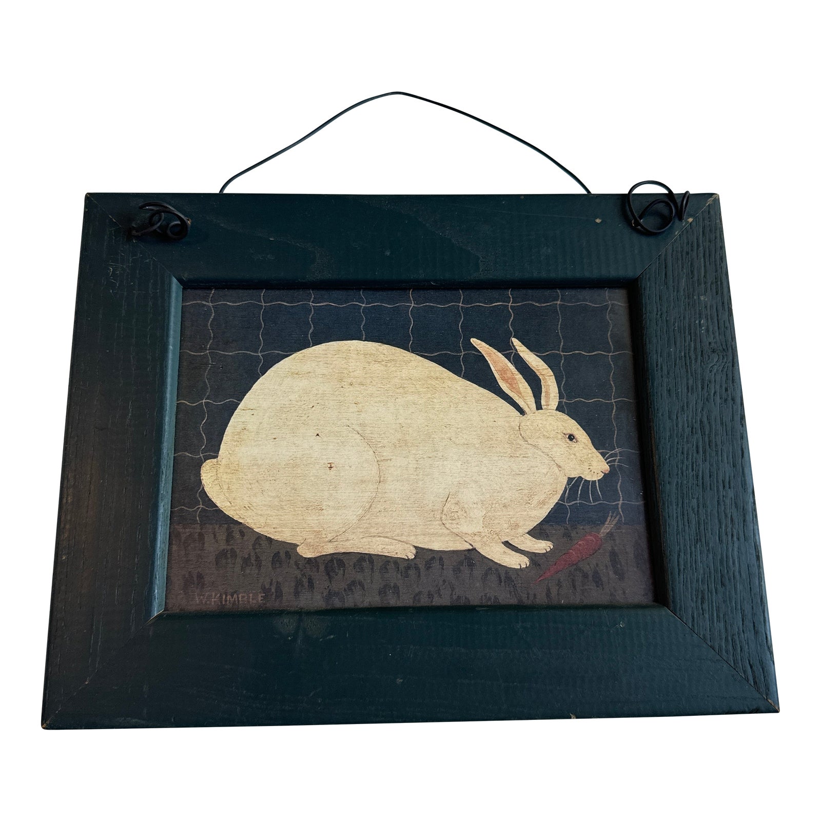 1980s Warren Kimble Folk Art Print Wood Framed Bunny and Carrot | Chairish