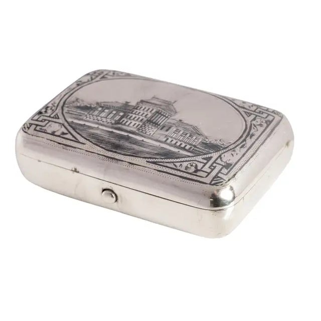 A fine antique Imperial Russian engraved silver and niello tobacco box/case, 1886, Moscow, Alexander Fuld. The case is...