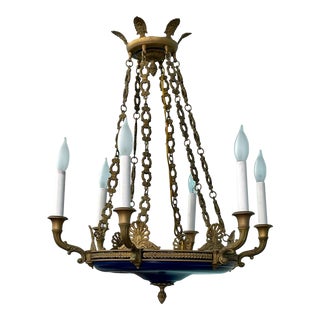 Antique French Empire Gilt Bronze & Blue Glass Chandelier For Sale