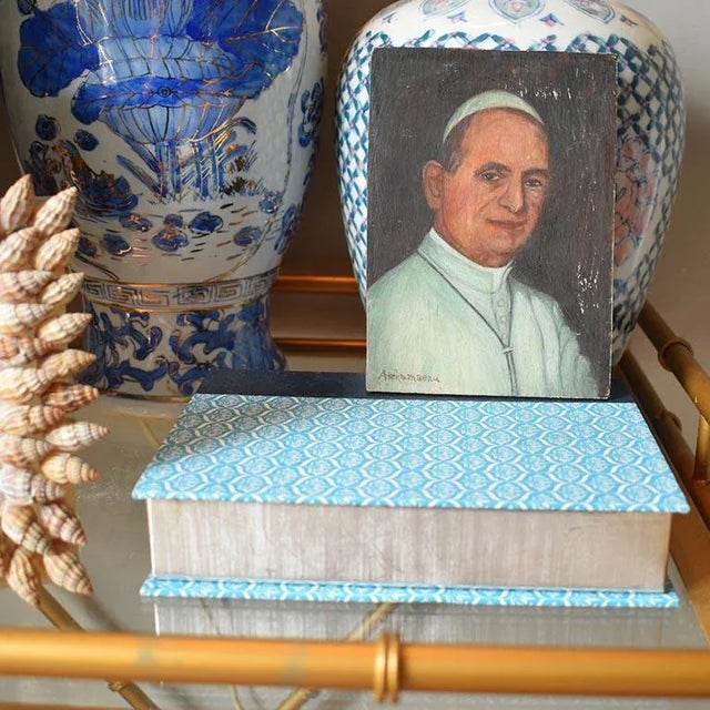 Small Vintage French Oil Portrait Painting on Wood of Catholic Pope Paul VI France For Sale In Oklahoma City - Image 6 of 7