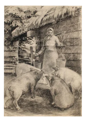 Zigurds Gustins, At the Trough, Charcoal on Paper, 1920s