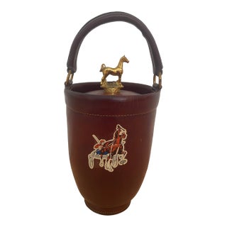 Vintage Loyal Papeete Firetruck Brown Leather Brass Eagle Handle Bar Ice Bucket For Sale