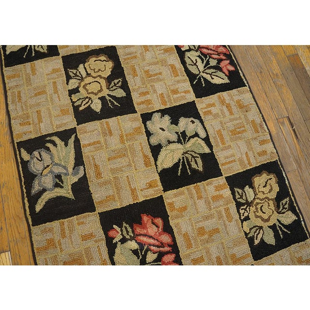 American 1930s Beige Black Floral Folk Art Antique American Hooked Rug 3' X 5' Handknotted Wool Carpet For Sale - Image 3 of 5
