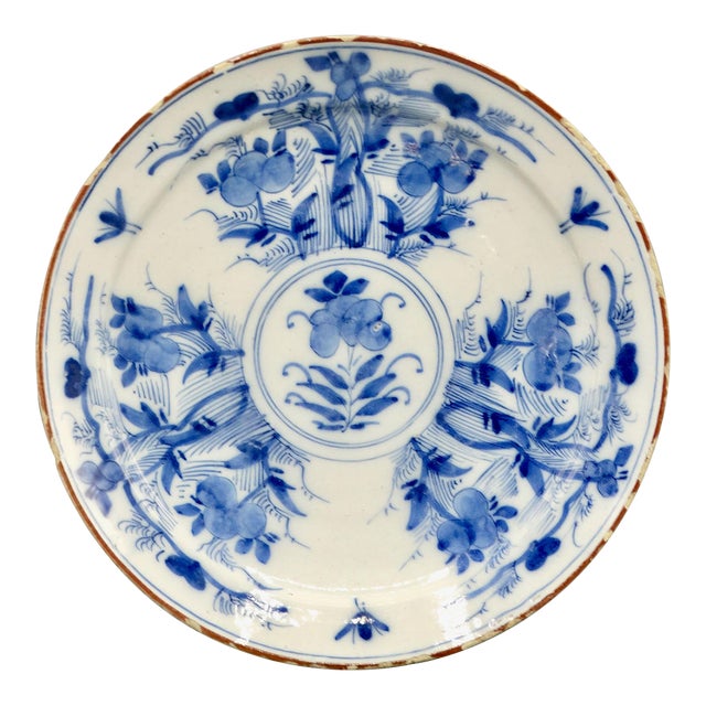 18th-Century.Chinoiserie Delftware Plate With Insects & Maker's Mark For Sale