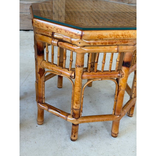 Restored Vintage Brighton Pavilion Style Bamboo Octagonal Cane Side Tables For Sale - Image 10 of 12