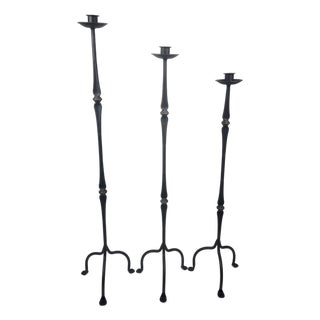 Hand Forged Iron Candelabra Set of 3 (97-117cm) Antique Copper Finish Classic Spindle Node Floor Set For Sale