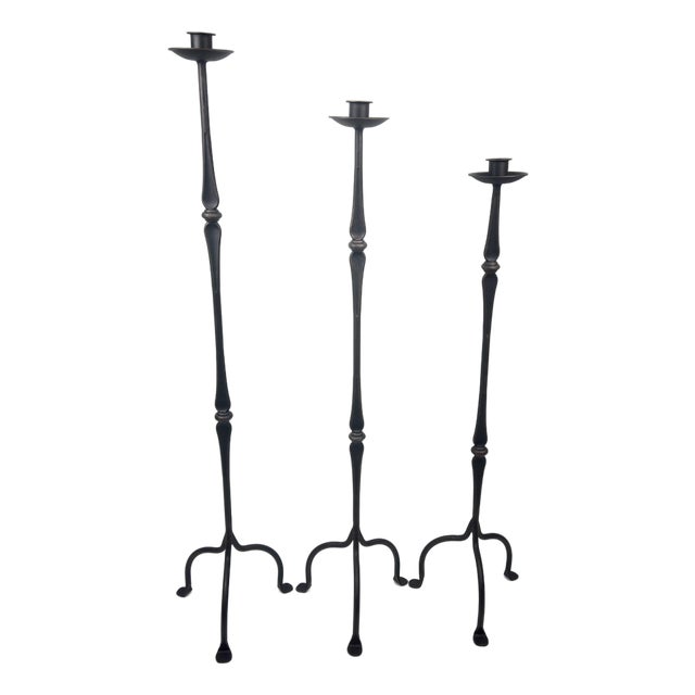 Hand Forged Iron Candelabra Set of 3 (97-117cm) Antique Copper Finish Classic Spindle Node Floor Set For Sale