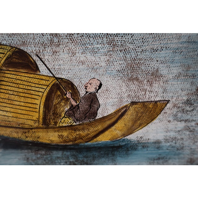 Late 20th Century Pair of Vintage Hand-Painted Chinese River Village Solid Wood Panels For Sale - Image 5 of 18