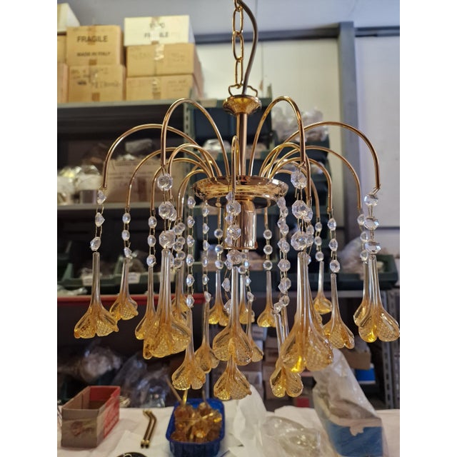 Vintage Gold Rain Chandelier with Crystals and Handmade Murano Glass Flowers, Italy, 1966 For Sale - Image 18 of 18