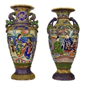 Antique Japanese Satsuma Moriage Enamel Hand Painted Baluster Urn Vase - 2 Pieces