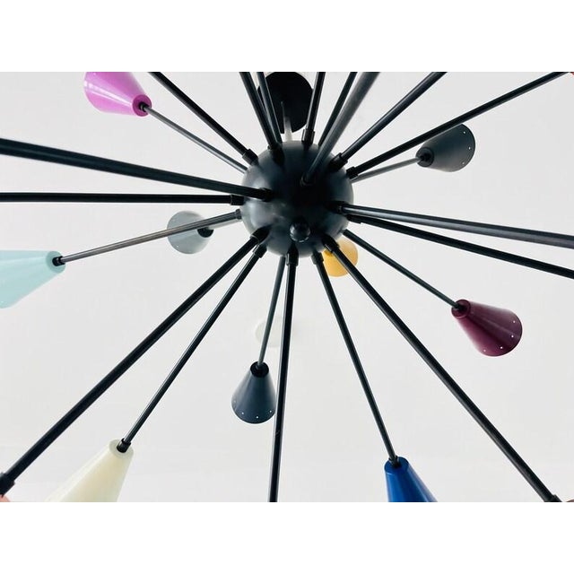 Not Yet Made - Made To Order Mid Century Modern Multicolor Sputnik Chandelier, Large Colorful Cone Shade Pendant Light, Stilnovo Style Ceiling Fixture For Sale - Image 5 of 8