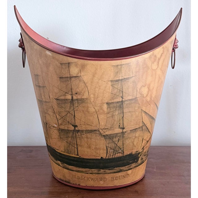 1980s Vintage Decoupage Clipper Ship Tole Wastebasket With Lion Head Ring Handles For Sale - Image 5 of 9
