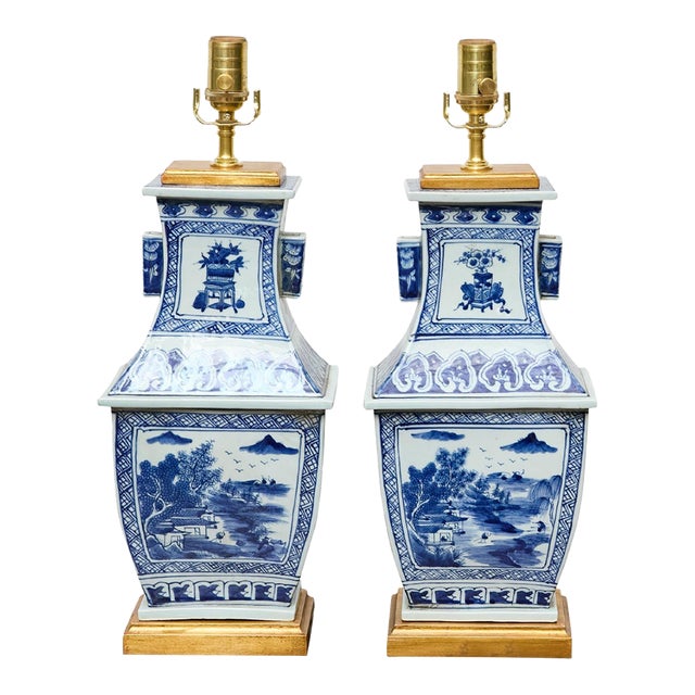 1920s Blue and White Porcelain Table Lamps, Asian - Pair For Sale
