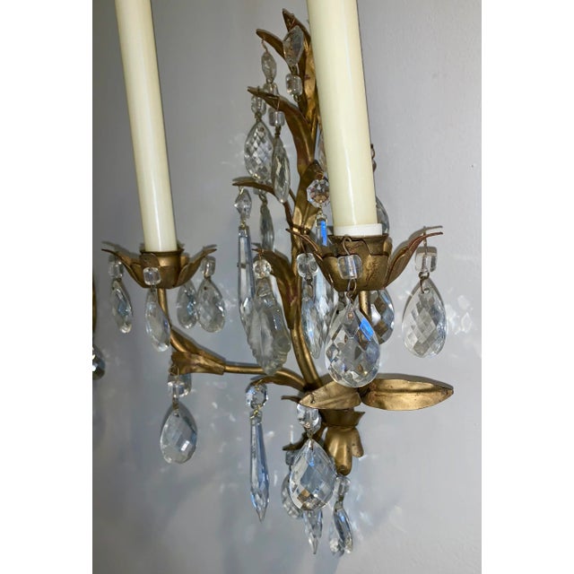 Gold Crystal and Painted Gold Leaf 2 Arms Candle Sconces - a Pair For Sale - Image 8 of 12