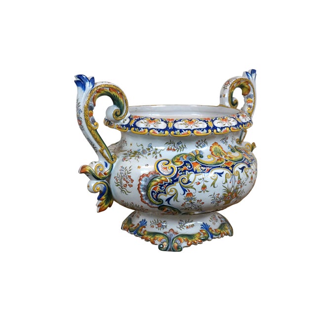 French Antique French Porcelain Faience Rouen Double Handled Urn Jardiniere Pot For Sale - Image 3 of 11