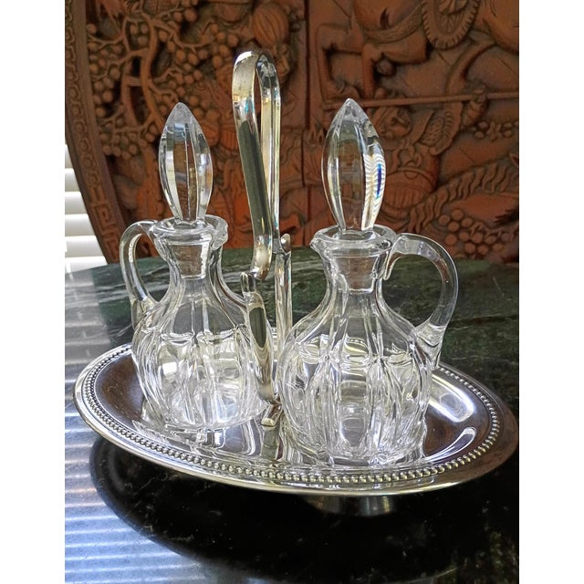 1940s French Antique Crystal & Silver Plate Cruet Serving Set Pair For Sale - Image 4 of 16
