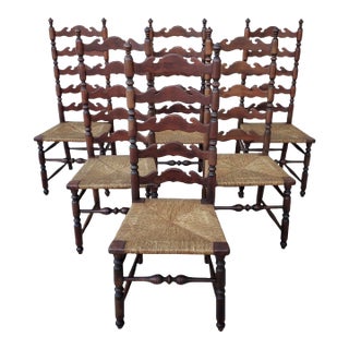 Late 19th Century Antique English Five Slat High Ladder Back Rush Seat Chairs, Set of 6 For Sale